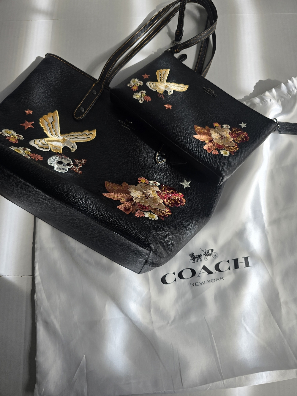 Coach Black Tattoo Embroidered Tote Floral Eagle Skul… - Gem